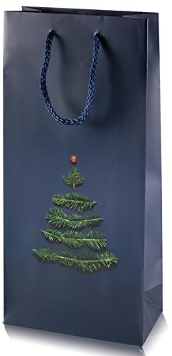 5 Stück. Wein Geschenktüte Weihnachten, für 2 Flaschen, blau, Tannenbaum Motiv