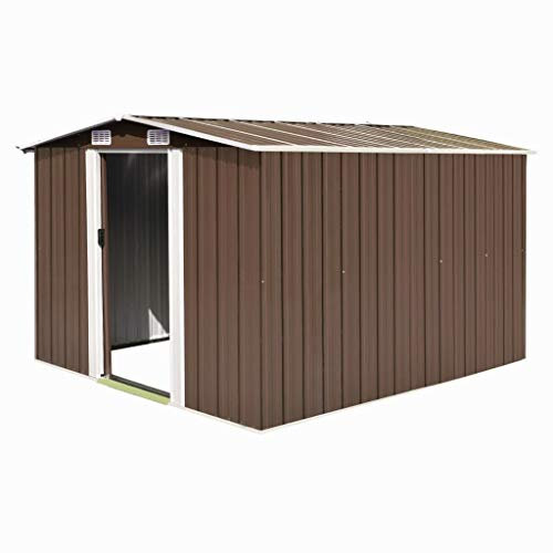 ZEYUAN Garden Shed 257x298x178 cm Metal Brown,Garden Shed, Metal Shed Tool Storage House with Floor Foundation and Lockable Double Doors