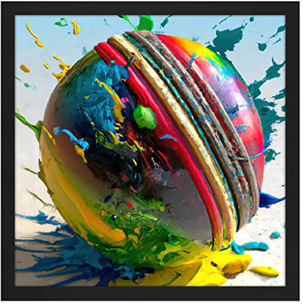 Artery8 Cricket Ball Dynamic Paint Splatter Bright Action Painting Square Wooden Framed Wall Art Print Picture 16X16 Inch