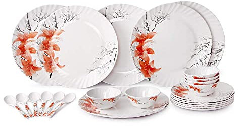 Melamine Lightweight Dishwasher Safe Dinner Set (Orange Floral, White) - 24 Pieces