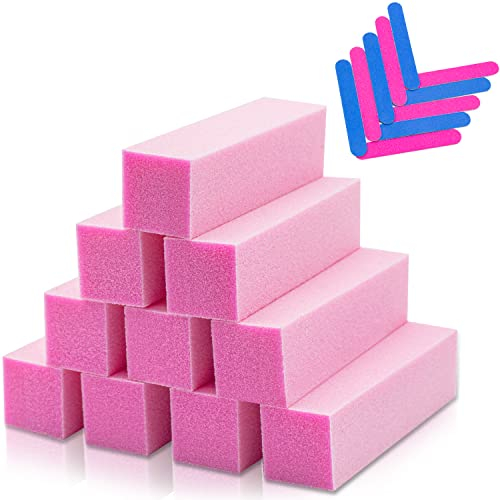 Selistamm 10Pcs Nail Buffer Blocks, 4 Way 120 Grit Nail Buffers with 10 Pcs Mini Nail Files, Nail Sanding Buffing Block for Gel Natural Acrylic Nails, Nail Polish Sanding Buffer Manicure Tools Pink