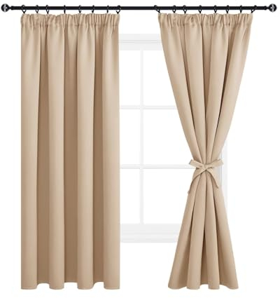 DWCN Vorhänge Blickdicht Gardine Verdunkelungsvorhang Gardinen mit kräuselband 2 set H183 x B167cm, Schlafzimmer Gardinen für Schienensystem mit Vorhang-Krawatten, Wärmeisolierend Thermovorhang, Beige