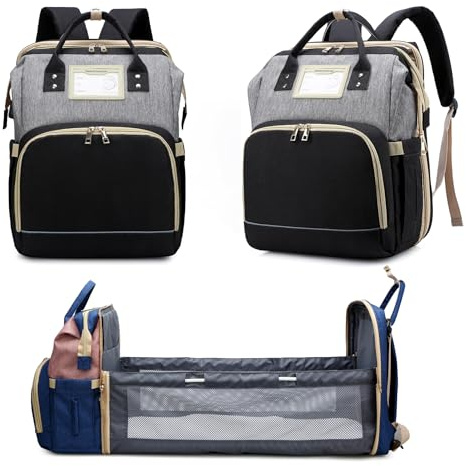 Azooken Sac à Dos à Langer pour Bébé,Sac à Dos Pour lit bébé,Sac à langer de voyage portable avec lit pliable Grande Capacité Sac à Couches Multifonction Imperméable(Noir&Gris)