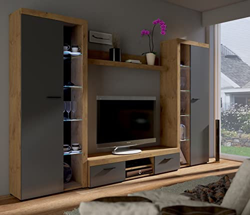 Com4t-Style Roxy XL TV Cabinets for Living Room - Grey/Oak- 300 x 190 x 40 cm - TV Table - Tall Display Cabinets - Floating Shelf - Sleek Look - Straight lines