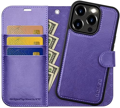 OCASE Cover iPhone 15 Pro Rimovibile 2 in 1, Custodia iPhone 15 Pro [RFID Blocking] [Carta Fessura] [Supporto Stand] Interno TPU Antiurto Portafoglio per iPhone 15 Pro (6,1 Pollici) - Viola