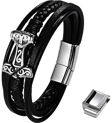 Flongo Leder Armband Herren Thors Hammer Wikinger Lederarmband schwarz Silber Edelstahl Mjölnir Gravur Kette Viking Leather schmuck mehrschichtig geflochten Lederband für Männer Damen mit Geschenkbox
