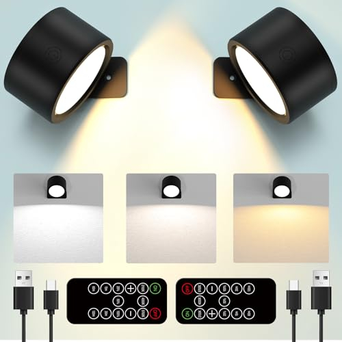 HELPLEX Wandleuchte Innen, 2 Stück Wandlampe mit Fernbedienungen, Dimmbar Wandleuchten mit Akku, 3 Farbmodi, 360°Drehbare Bildleuchte Kabellos für Wohnzimmer Schlafzimmer Treppenhaus Flur Schwarz