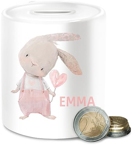Spardose - Süßer Hase Mädchen mit Name personalisiert I Häschen I Rabbit I Langohr I Süße Hasen - Unisize - Weiß - personalisierte Geschenke Kinder hasenmotiv Emma Keramik kinderspardose