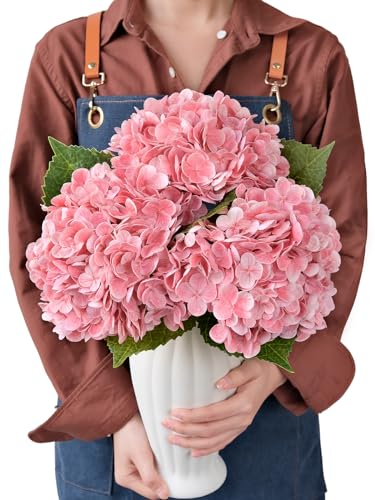 JINWOE Lot de 3 grandes fleurs d'hortensia artificielles roses au toucher réaliste de 53,3 cm, en latex soyeux, pour Noël, cuisine, maison, bouquet de mariage, centres de table