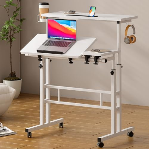 SogesHome Mobiler Stehpult, verstellbarer Computertisch, rollbarer Laptop-Wagen, tragbarer Laptop-Ständer auf Rädern, Heimbüro, Arbeitsplatz mit Getränkehalter, Kopfhörerhalter, 80 cm, Weiß