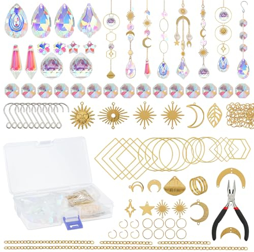 Anseom Atrapador Soul Crystal 200 Pcs Kit de Fabricación de Atrapasoles Estrellas Sol Luna Carillon de Viento Atrapasueños Colgante de Feng Shui Arco Iris Prisma Bola para Ventana Jardin Fiesta Decor