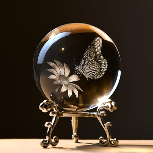 IFOLAINA Briefbeschwerer, Glaskugel, 3D-Schmetterling, Kristallkugel, Figuren für Heimdekoration, ideales Schmetterlings-Ornament, Geburtstagsgeschenk für Frauen, 60 mm, Schmetterlingsfigur