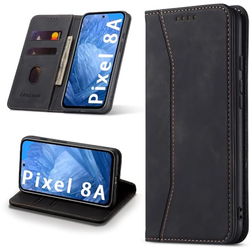 Leaisan Handyhülle für Google Pixel 8A Hülle Premium Leder Flip Klappbare Stoßfeste Magnetische [Standfunktion] [Kartenfächern] Schutzhülle für Google Pixel 8A 5G Tasche - Schwarz