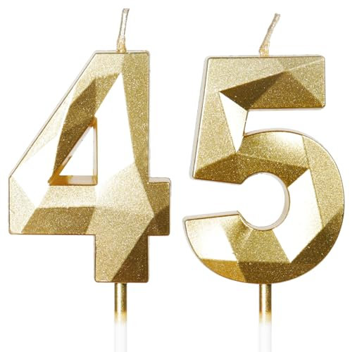 Bougies pour 45e anniversaire, bougie en forme de chiffre 45, bougies dorées, bougie d'anniversaire pour gâteau, bougies d'anniversaire, décorations de gâteau pour fête d'anniversaire, mariage