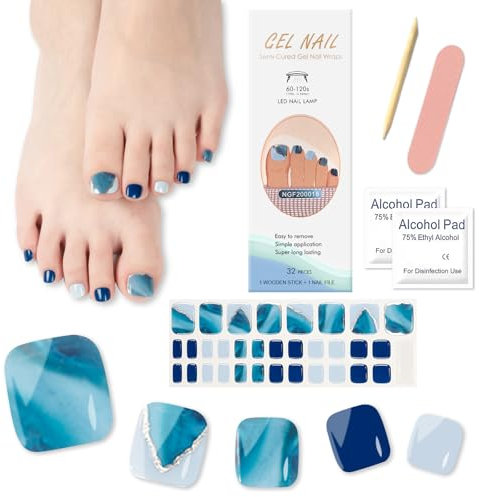 32Pcs Autocollants de Vernis à Ongles Pied, Bandes d'Ongles d'Orteil Effet Semi-Permanent Auto-adhésifs Toe Nail Art Stickers, Faux Ongles Pieds Autocollants pour Femmes Filles (Marbre Bleu)