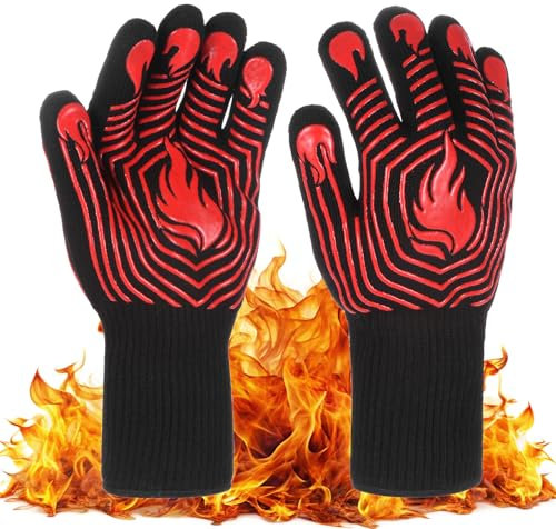 M METERXITY Grilling Gloves Heat Resistant BBQ Gloves, 1472°F High Temp Resistance Silicone Fireproof Gloves With Fingers, Grill Gloves for Outdoor Grill/Barbecue/Cooking/Oven [Red/Black]
