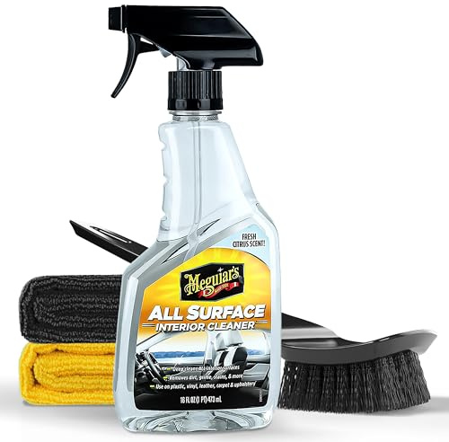autopflege Auto Innenraum Reiniger Set | Meguiar's All Surface Interior Cleaner + Teppich Reinigungsbürste + 2X Mikrofasertuch | Innenraumreiniger geeignet für Kunststoff Leder Polster Teppich