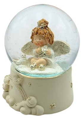 Dekohelden24 Bola de cristal de Navidad, bola de ángel de la guarda, bola de nieve como ángel con base de piedra blanca, dimensiones H/B/Ø bola: aprox. 9 x 6 cm/Ø 6,5 cm.