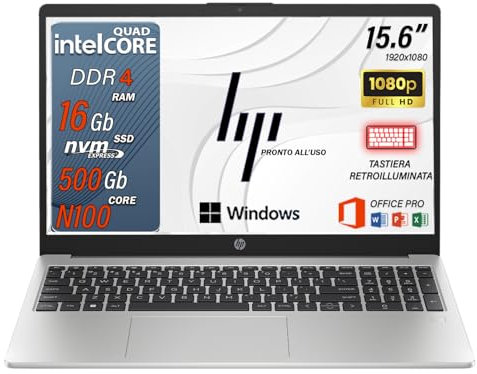 HP 250 G10, Notebook Pc portatile, intel 4 core fino a 3.4 ghz, 8Gb ram, SSD 512 Gb, Display 15.6 FHD, tastiera retroilluminata, Windows 11 Pro, pronto all'utilizzo