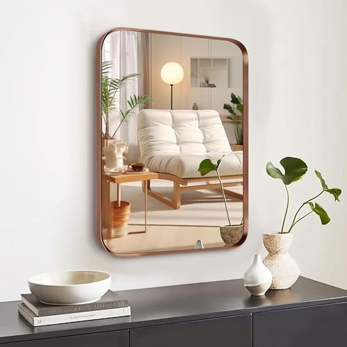 Umzodo Badezimmerspiegel für die Wand, Abgerundeter rechteckiger Spiegel mit Metallrahmen, zum Aufhängen, für Badezimmer, Eingangsbereich, Waschtisch, Wohnzimmer, Schlafzimmer, vertikal oder