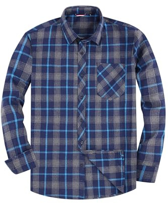 JupiterSecret Chemise en flanelle pour homme, à manches longues, à carreaux, coupe regular fit avec col boutonné et poche de poitrine, gris-bleu, XXL