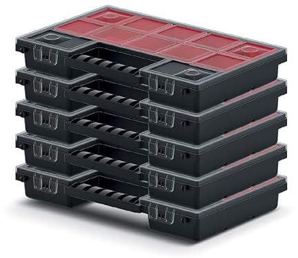 PECZEKO Sortimentskasten mit herausnehmbaren roten Fächern ideal für Kleinteile, Werkzeug und Organisation Kunststoff (5er-Set) 30cm