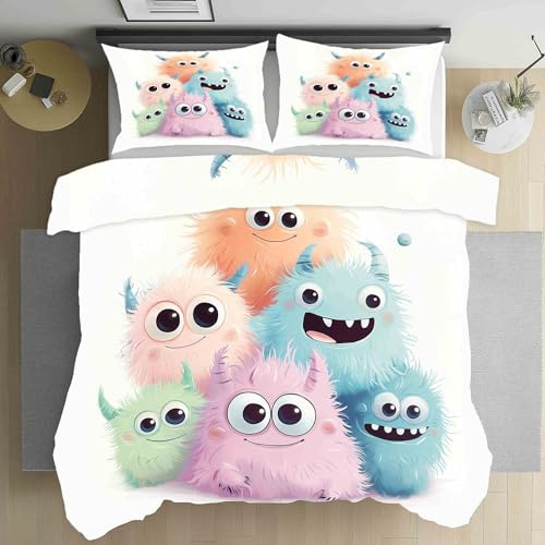 Dppyuxa Anime Monster Bettwäsche 135x200 Niedliche Tiere Bettwäsche Set 3D | Bedruckte Bettbezug Einfache Pflege Kuschelbettwäsche mit Reißverschluss Mikrofaser Bettbezug und 2 Kissenbezug