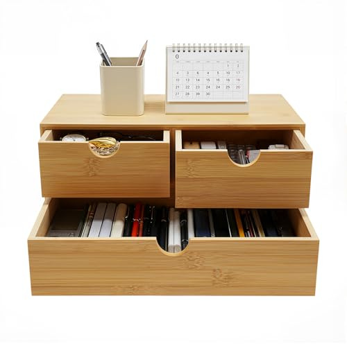 Organiseur de bureau en bambou naturel, boîte de rangement pour bureau, boîte de rangement pour fournitures de bureau à domicile, organisateur de bureau avec tiroirs (Type 2)