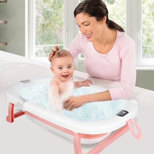 Faltbare Babybadewanne, Babywanne, faltbar, Kissen, Kinderbadewanne geeignet für Neugeborene bis Kleinkinder, digitale Temperaturanzeige, 80 x 50 x 23 cm – Rosa