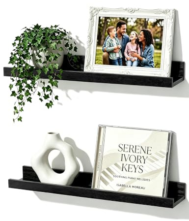 Mifurn Bilderleiste Schwarz 40 cm, 2er Set Wandregal mit erhöhter Vorder- und Rückkante, modernes Schweberegal für Bilderrahmen, Gewürze und Dekoration, für Küche, Bad und Wohnzimmer