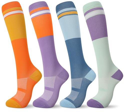 Utensilsto 4 Paare Kompressionsstrümpfe, Stützkniestrümpfe Compression Socks, Lange kompressionssocken mit 15-20mmHg Reisestrümpfe Stützstrümpfe für Damen Herren Laufen, Sport, Flug, Reisen