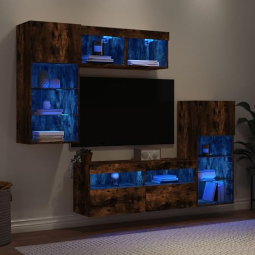 WRJENFSC 5-TLG Wohnwand mit LED Räuchereiche Holzwerkstoff 100 x 40 cm TV Lowboard wandmontierbar platzsparend Modernes Design für Wohnzimmer Büro Jugendzimmer