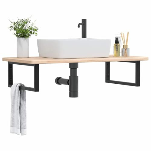 XHNIFBN 100x50 cm Waschtisch aus massivem Eiche mit Stahl schwarzer Halterung Modernes Badmöbel platzsparendes Design für Badezimmer Gäste WC