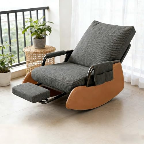 kumamart Klappbarer Glider-Schaukelstuhl mit Ottomane, mit Fußstütze, Lazy-Person-Akzentsofa for Schlafzimmer/Wohnzimmer(Gray-Brown)