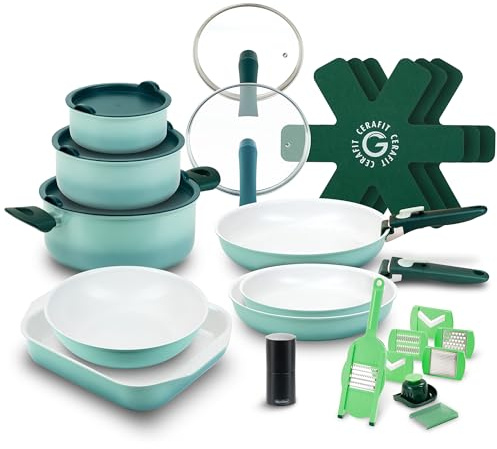 Genius Cerafit Revolution Vario Pfannenset Kochgeschirr Set 27-tlg., Keramikbeschichtung, abnehmbare Griffe, Topfsets, Induktion geeignet, backofenfest bis 250 °C, PFAS-frei