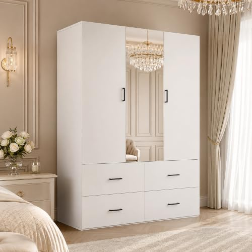 UTTQEW Armario Vestidor 4 puertas con espejo, vestidor moderno dormitorio con puertas y armario, gran mueble de almacenamiento con 4 cajones, 130x52x182 cm, blanco