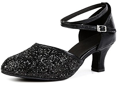 OCHENTA Womens Sequined Leather Pointed Toe Kitten Heel Latin Ballroom Dance Shoes