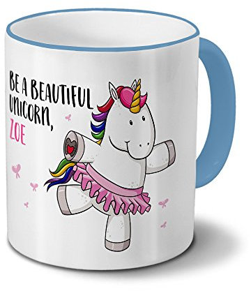 printplanet Tasse mit Namen Zoe - Motiv Witziges Einhorn - Namenstasse, Kaffeebecher, Mug, Becher, Kaffeetasse - Farbe Hellblau