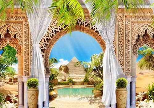 wandmotiv24 Fototapete Pyramiden Ägypten, XL 350 x 245 cm - 7 Teile, Wanddeko, Wandbild, Wandtapete, Palmen, Säule, Orient M1225