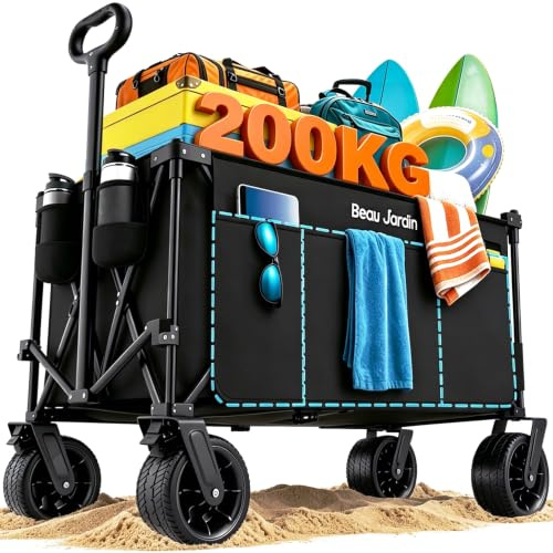 BEAU JARDIN XXL Bollerwagen Faltbar 300L 200KG Verlängerter Faltwagen mit Extra Breite 17x10 cm All-Terrain-Räder Getränkehalter Verstellbarem Griff Klappbollerwagen mit Bremsen Campingwagen