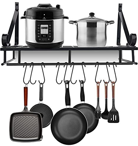 Black Metal Kitchen Pan Rack Wall Mounted - Hanging Pot Rack with 10 Hooks, Space Saving Storage for Kitchen (45CM)