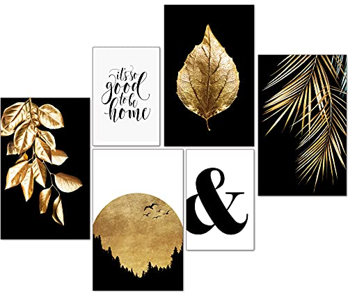 artpin® moderne Poster Set - Bilder Wohnzimmer Deko Gold Schlafzimmer - Goldene Blätter Palmblatt 4x A4 | 2x A5 - W7