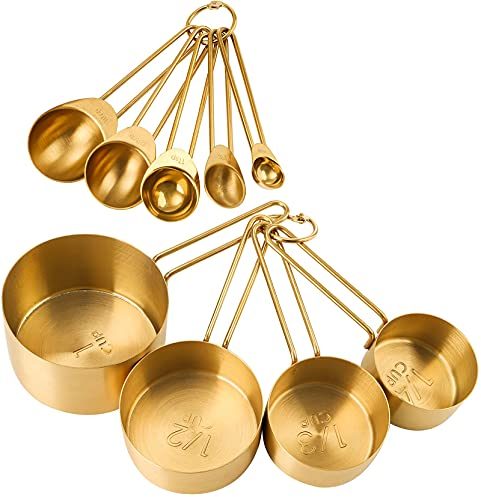 TOPZEA Gold Measuring Cups and Spoons Set of 9, Nesting Stainless Steel Measuring Cup and Measuring Spoon Kitchen Cooking Baking Utensils with Measurement for Dry and Liquid Ingredients