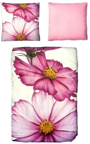 Baumwolle Satin Bettwäsche Blumen Weiß Pink 155x220 80x80 Set 2 TLG