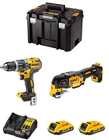 Todotaladros DWK206 (Schlagbohrschrauber DCD796, Multi-Cutter DCS355, 2x 2,0 Ah Lithium-Ion Batterien, Ladegerät, TSTAK VI) - 5-teiliges Elektrowerkzeug-Set - Werkzeugsatz - Bohrmaschinen-Set