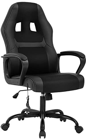 Gaming Chair Ergonomic Office Chair PU Leather Computer Chair Adjustable Massage Desk Chair with Lumbar Support Headrest Armrest Task Rolling Swivel Racing Chair for Home Office, Black