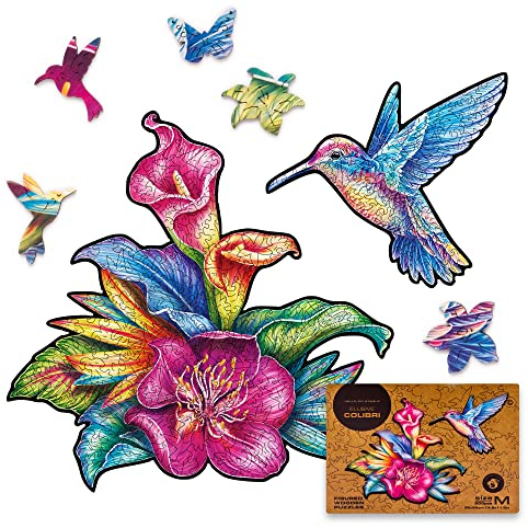 UNIDRAGON Original Wooden Jigsaw Puzzle - Elusive Colibri, 200 pcs, Medium 14.9x11.3, Unique Animal Shaped Puzzle Box, Birthday Gift Idea for Kids, Adults, Girls, Boys, Family Game and Hobby