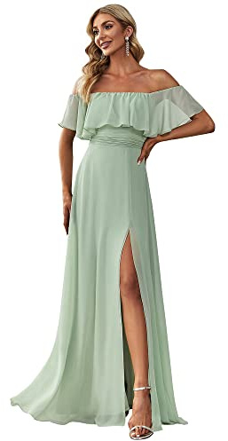 Ever-Pretty Vestito da Cerimonia Donna dalla Spalla Linea ad A Chiffon con Spacco con Volantes Stile Impero Lungo Menta Verde 42