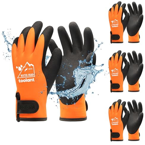 toolant 100% Waterproof Gloves Bulk Pack, 3 Pairs, Winter Work Gloves for Extreme Cold, Touchsreen, Warm Gloves for Freezer, Fishing and Gardening, with Grip, Orange, X-Large