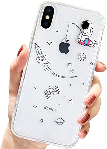 AMART für iPhone X/Xs Hülle,Durchsichtig HandyHülle mit Astronaut Planet Stern Muster Hülle Transparent Klar Ultra Dünn Weich Silikon Stoßfeste mit Motiv Schutzhülle für iPhone X/Xs(Fishing Astronaut)